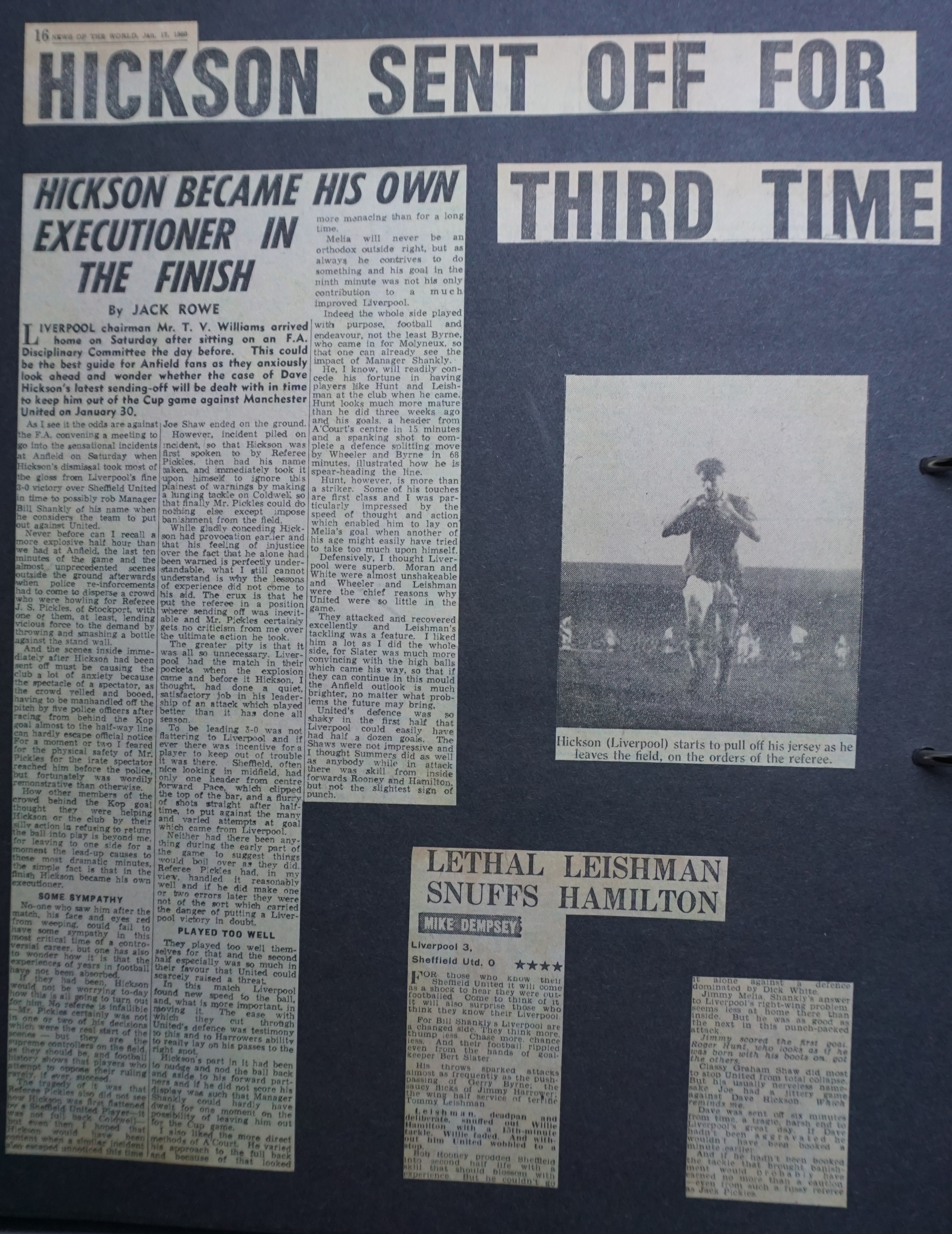 Hickson sent off for the third time - 16 January 1960
